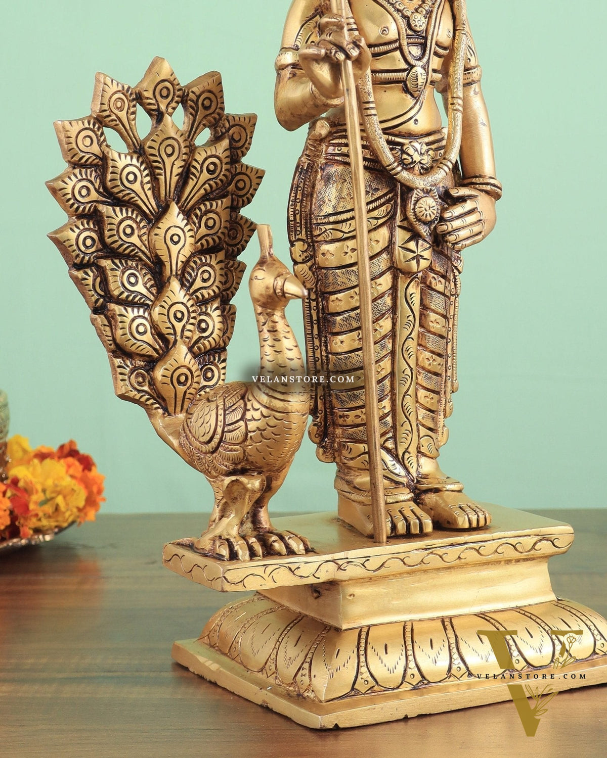 Exquisite Brass Superfine Lord Murugan with Peacock Statue - 16 Inches Tall