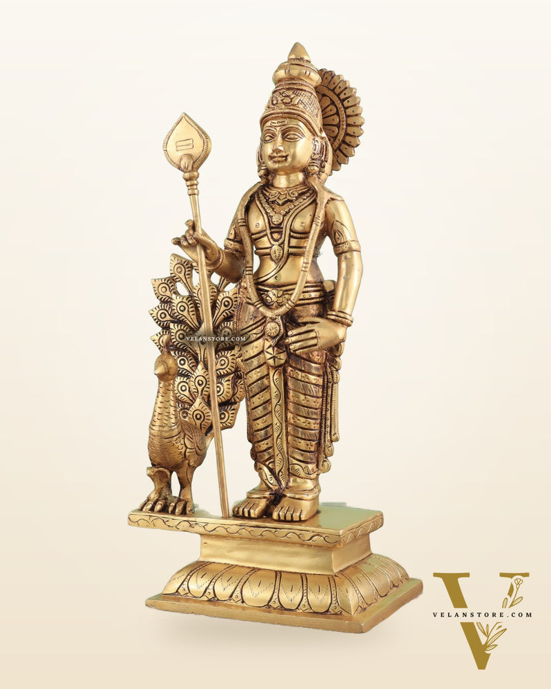 Exquisite Brass Superfine Lord Murugan with Peacock Statue - 16 Inches Tall