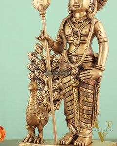 Exquisite Brass Superfine Lord Murugan with Peacock Statue - 16 Inches Tall