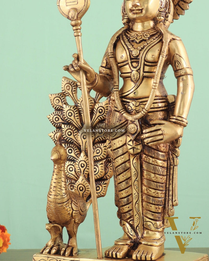Exquisite Brass Superfine Lord Murugan with Peacock Statue - 16 Inches Tall