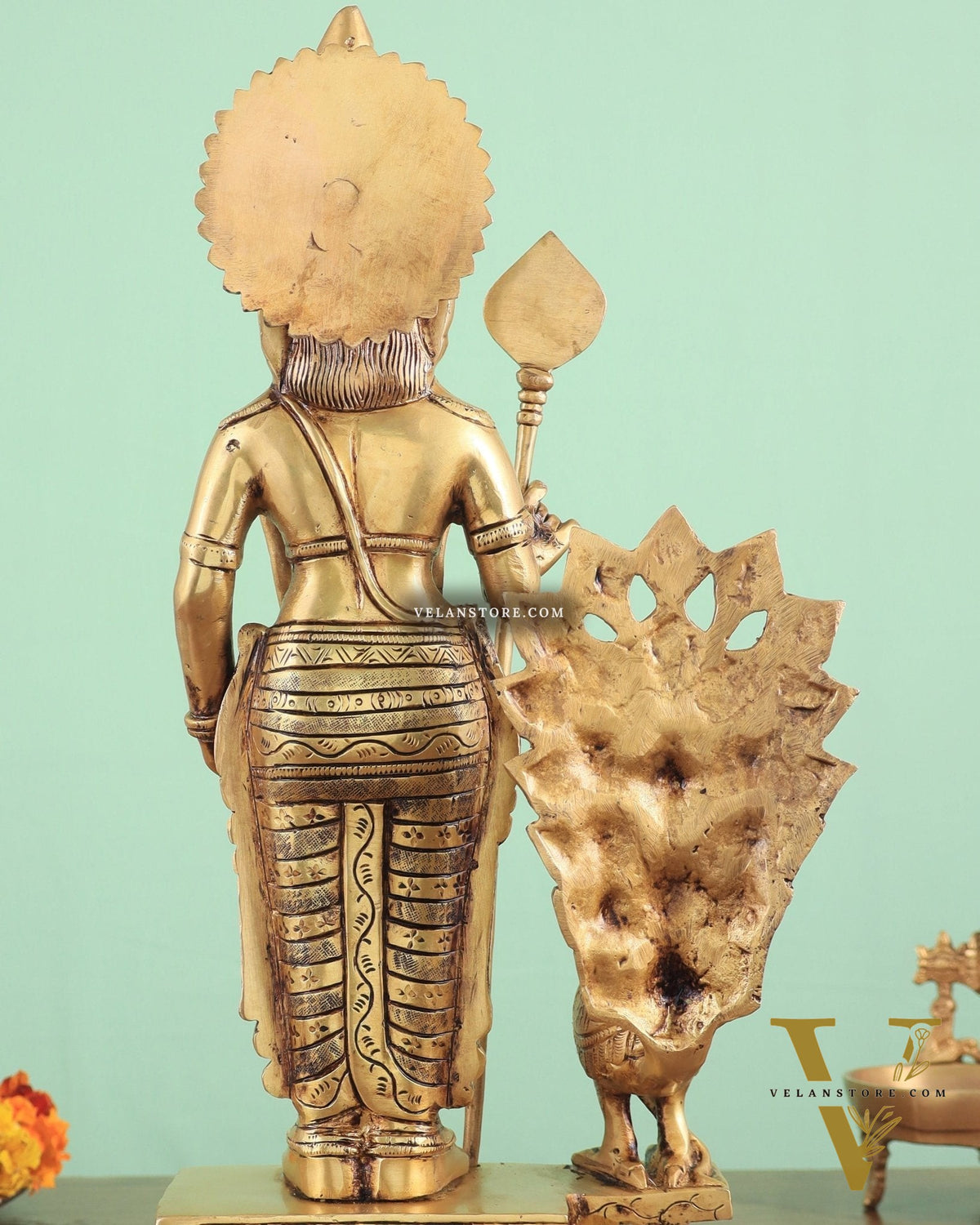 Exquisite Brass Superfine Lord Murugan with Peacock Statue - 16 Inches Tall