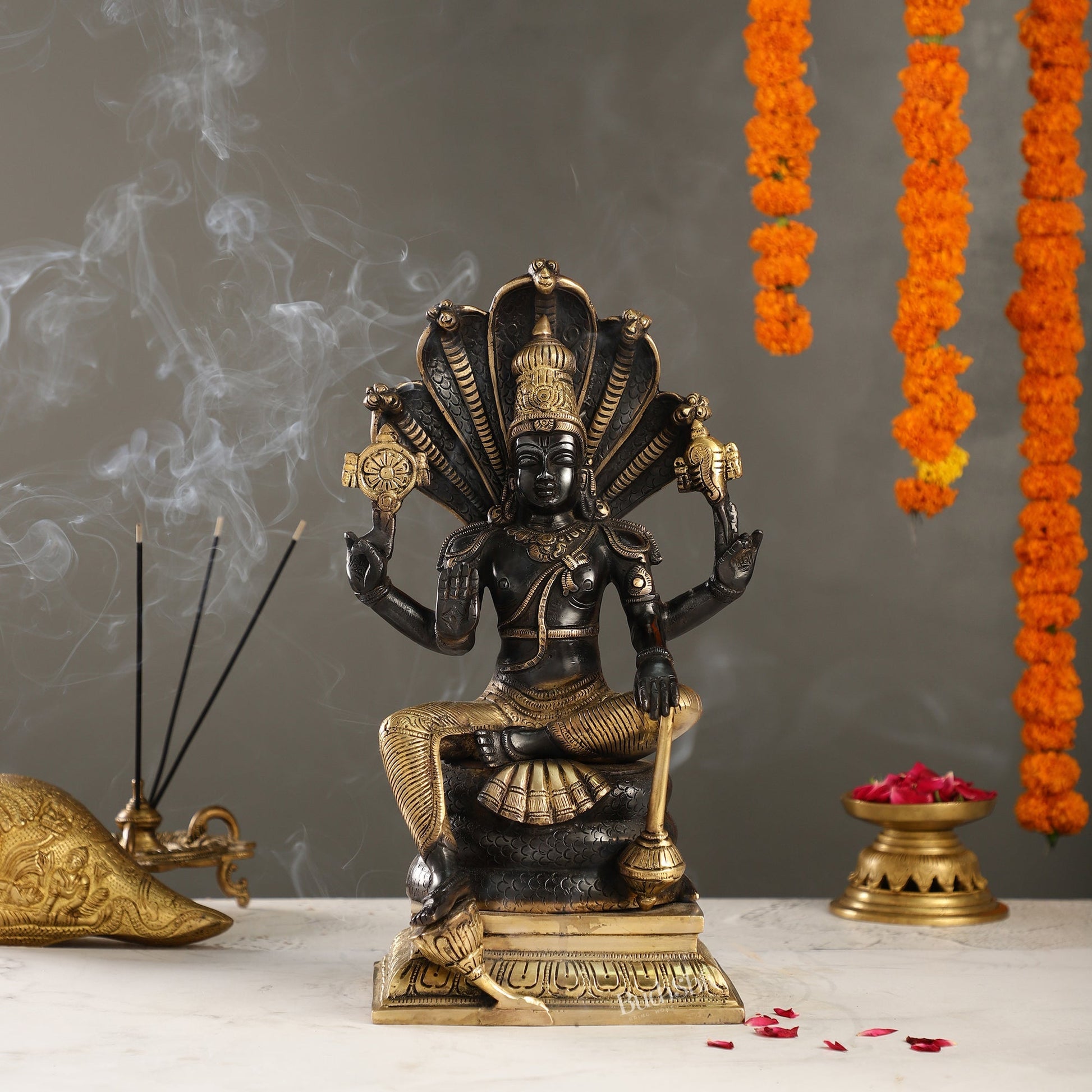 Divine Brass Lord Vishnu Idol with Sheshnaaga - 14 Inch Black and Gold Finish