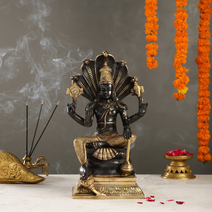Divine Brass Lord Vishnu Idol with Sheshnaaga - 14 Inch Black and Gold Finish