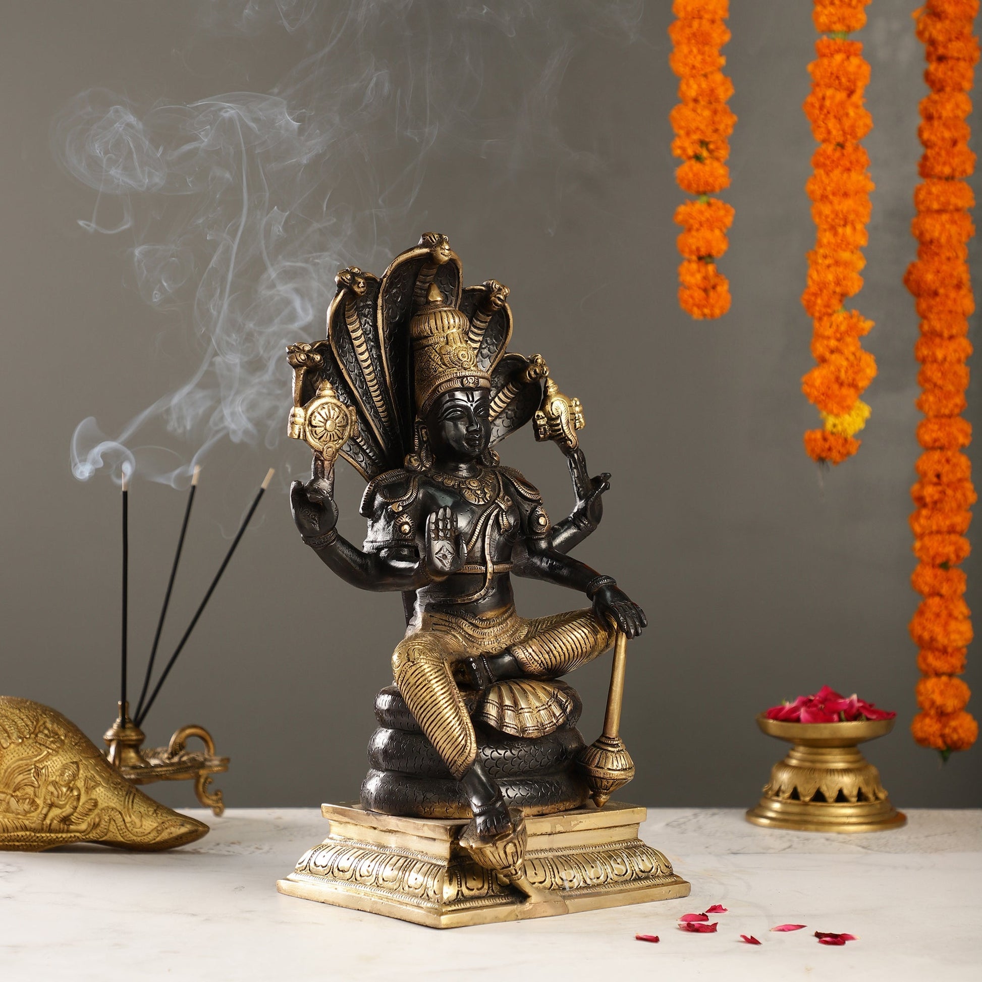Divine Brass Lord Vishnu Idol with Sheshnaaga - 14 Inch Black and Gold Finish