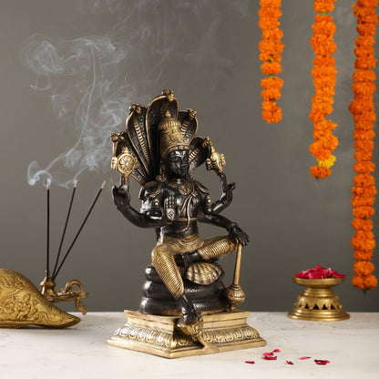 Divine Brass Lord Vishnu Idol with Sheshnaaga - 14 Inch Black and Gold Finish