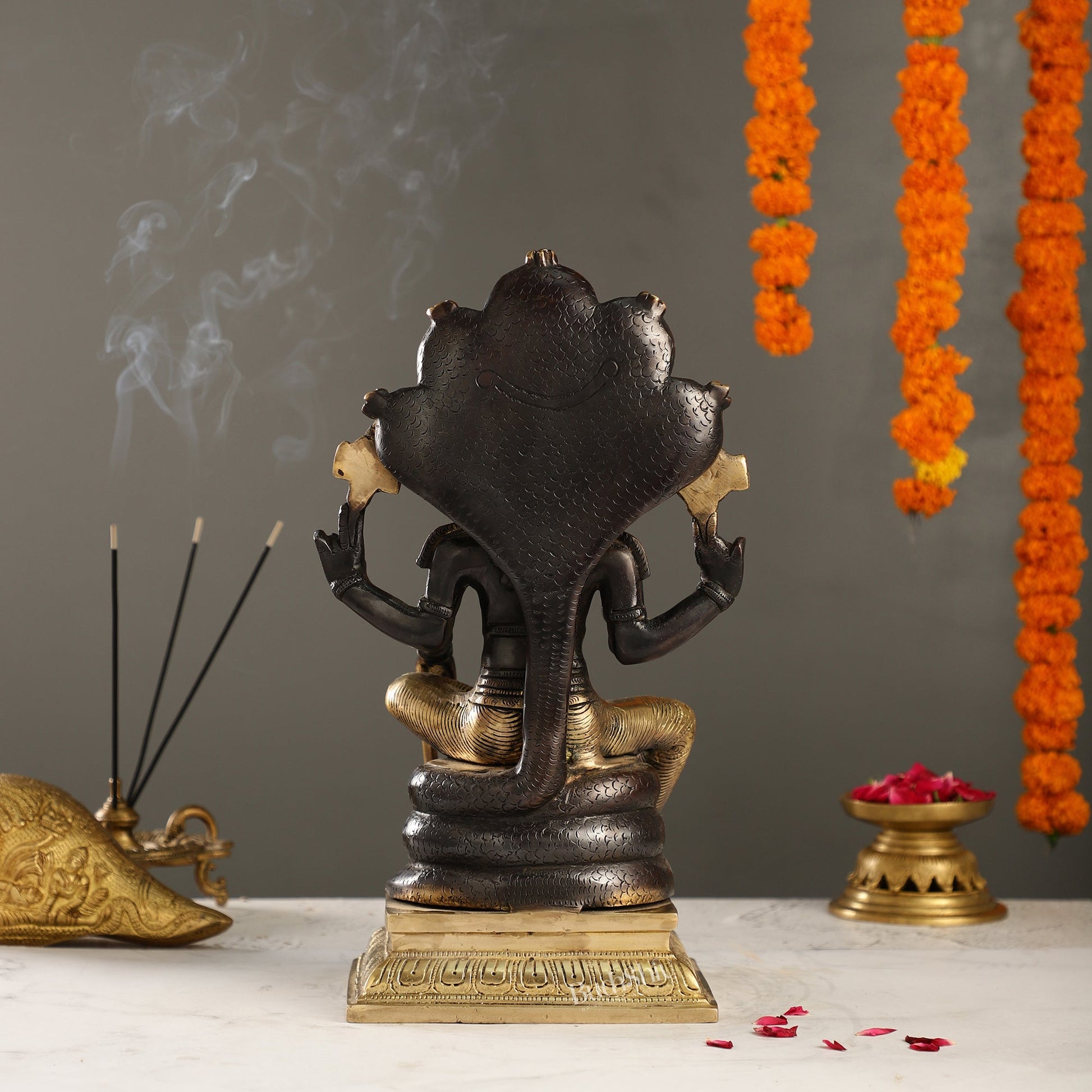 Divine Brass Lord Vishnu Idol with Sheshnaaga - 14 Inch Black and Gold Finish