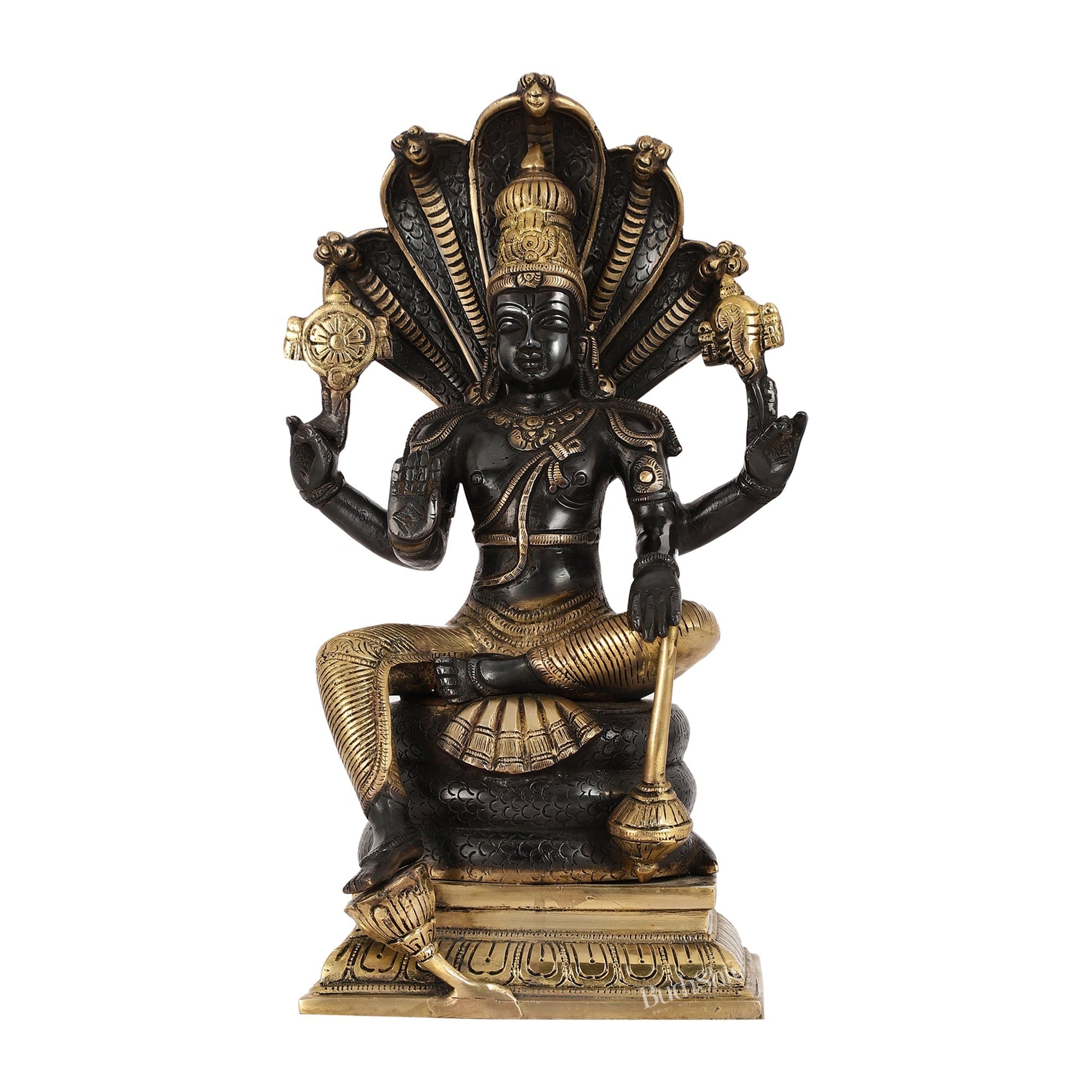 Divine Brass Lord Vishnu Idol with Sheshnaaga - 14 Inch Black and Gold Finish
