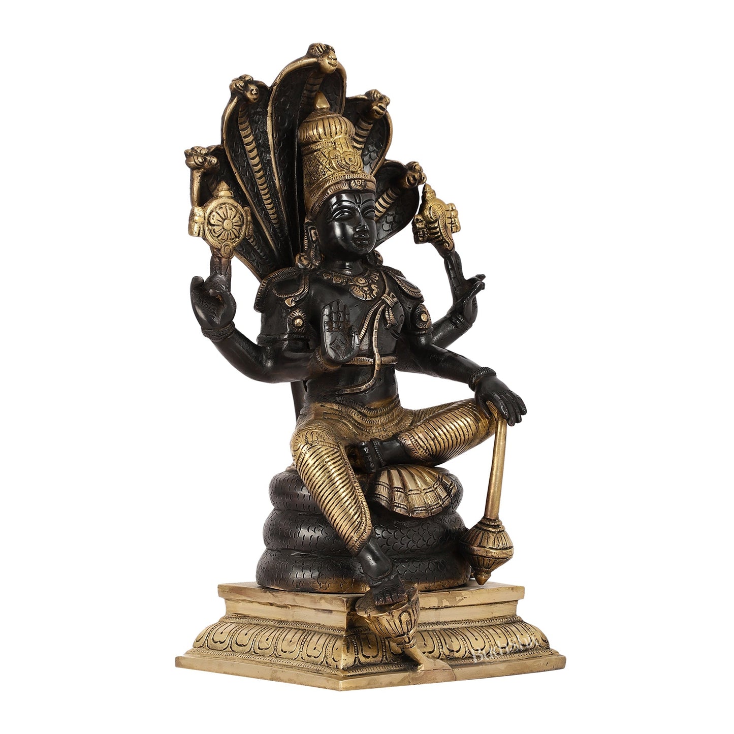 Divine Brass Lord Vishnu Idol with Sheshnaaga - 14 Inch Black and Gold Finish