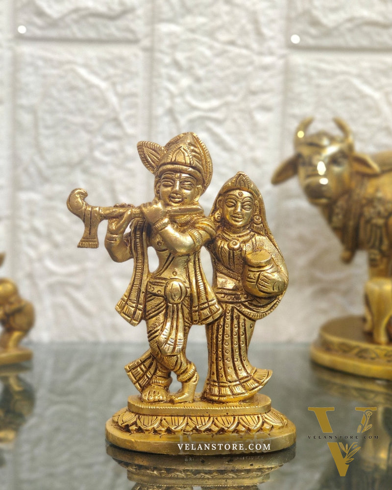 Exquisite Brass Superfine Radha Krishna Idol - 5" Height | Engraved Base