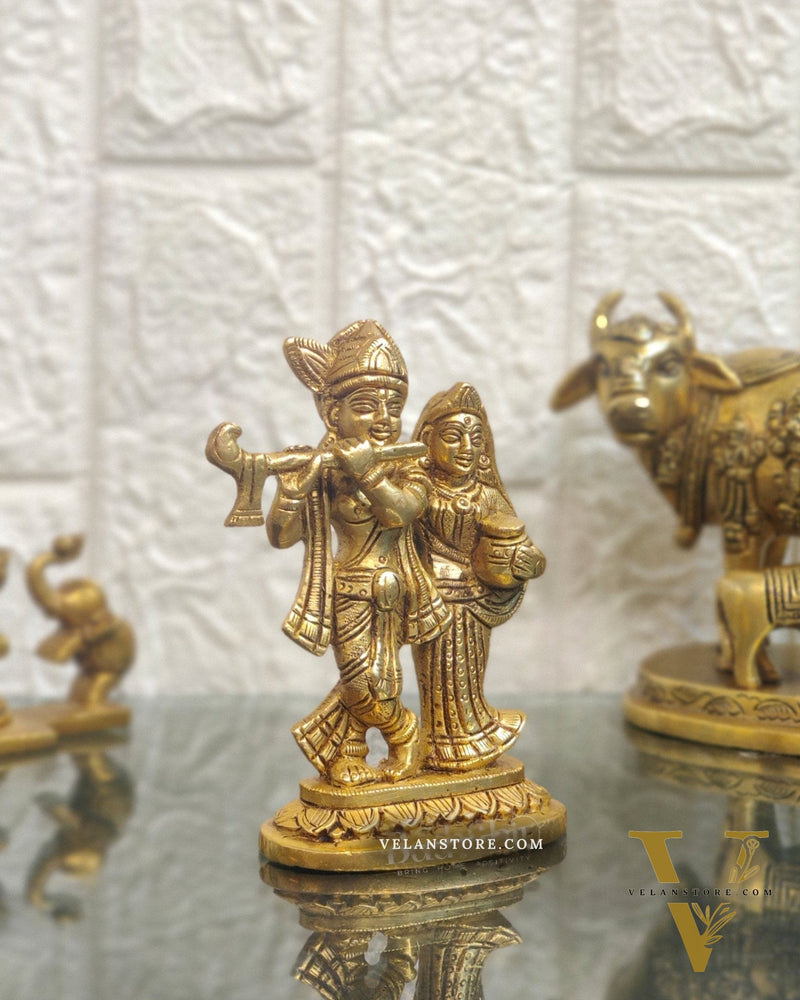 Exquisite Brass Superfine Radha Krishna Idol - 5" Height | Engraved Base