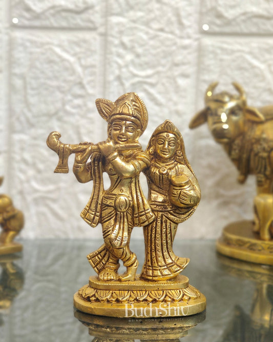 Exquisite Brass Superfine Radha Krishna Idol - 5" Height | Engraved Base