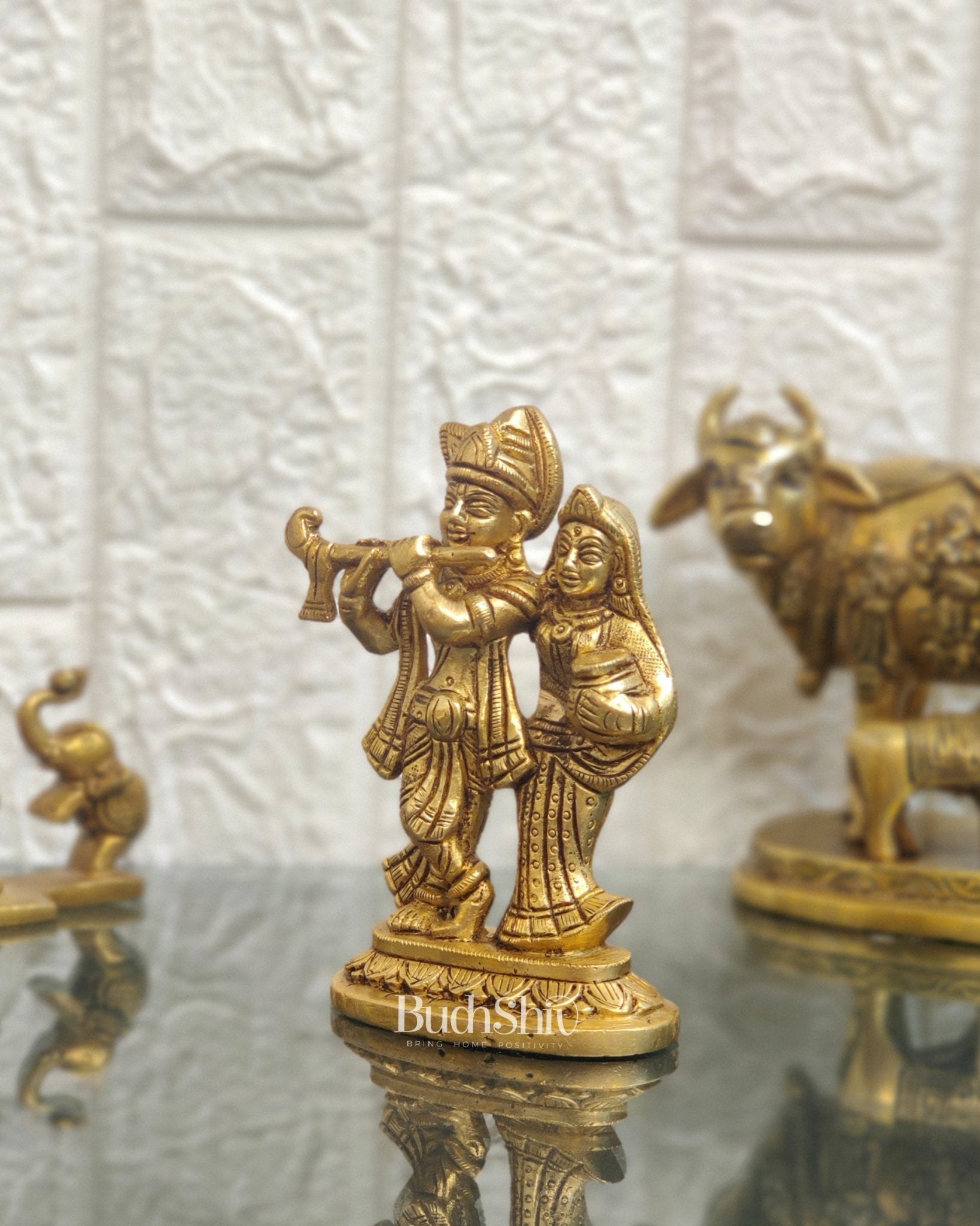 Exquisite Brass Superfine Radha Krishna Idol - 5" Height | Engraved Base