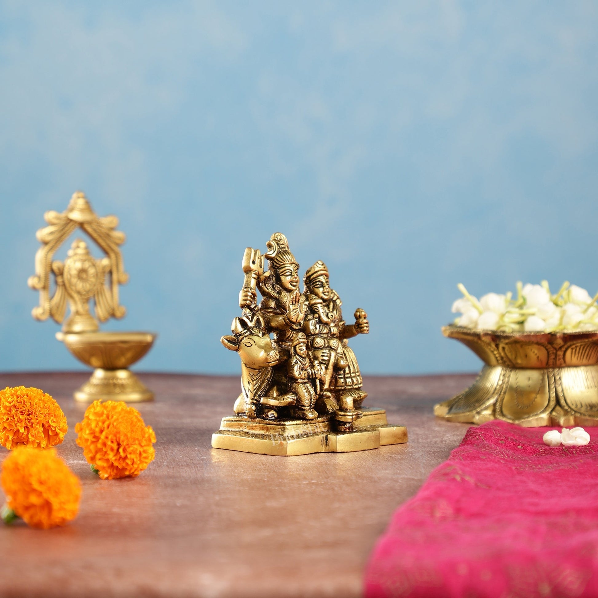 Exquisite Brass Superfine Shiva Parivar Idol | Small Size for Home Temples 4 inch