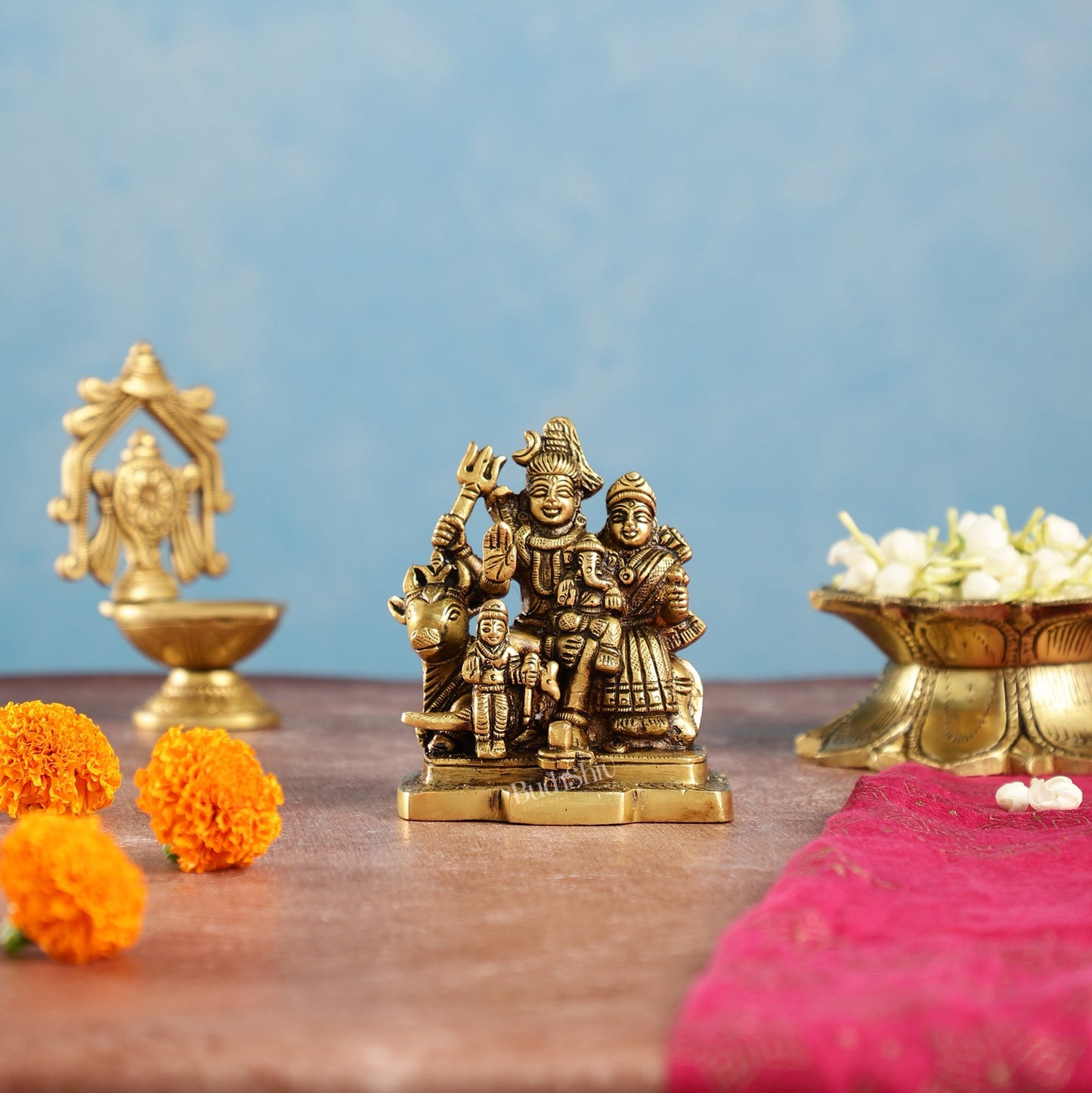 Exquisite Brass Superfine Shiva Parivar Idol | Small Size for Home Temples 4 inch