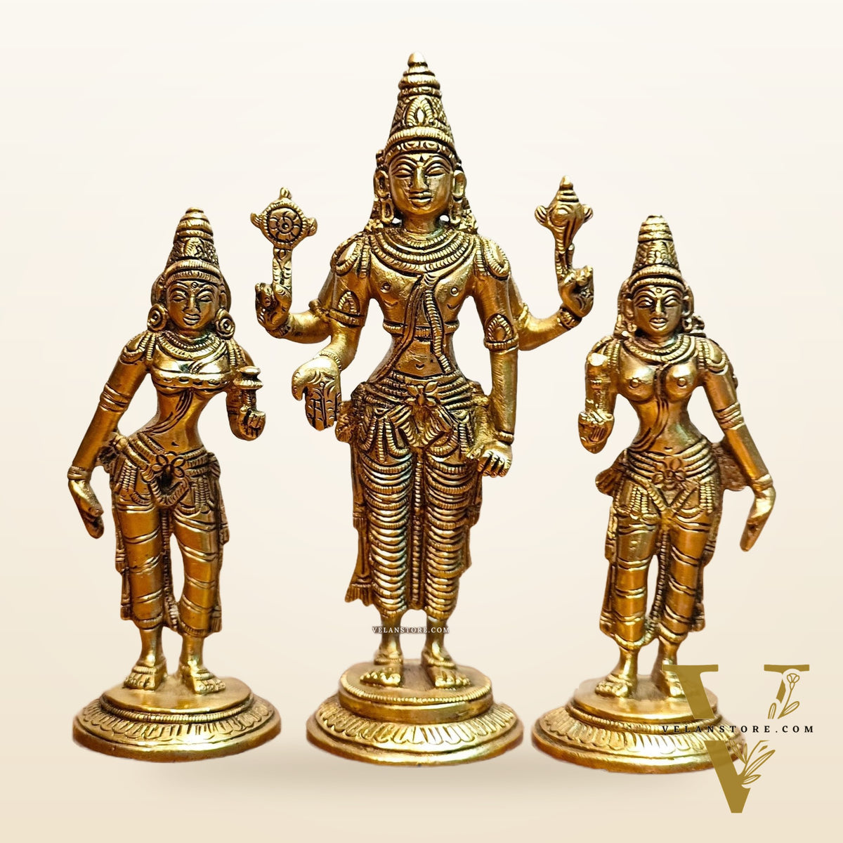 Exquisite Brass Tirupati Balaji with Bhudevi and Sridevi Idol Set -7 inch