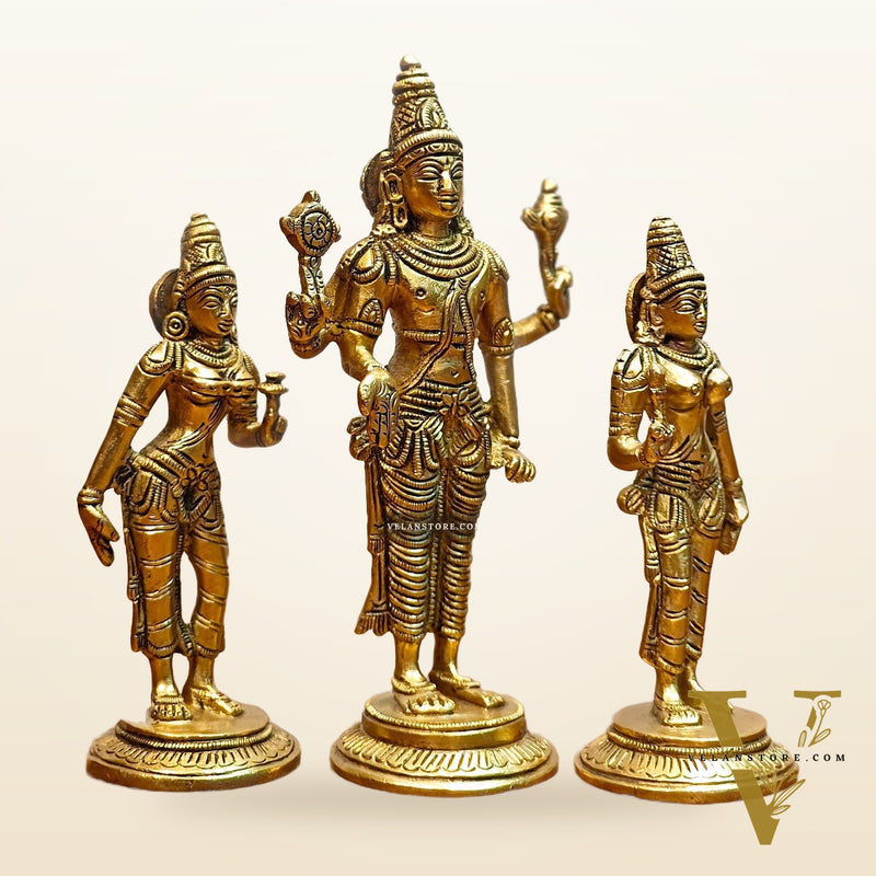 Exquisite Brass Tirupati Balaji with Bhudevi and Sridevi Idol Set -7 inch