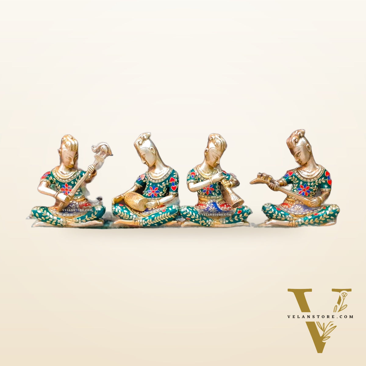 Exquisite Brass Tribal Musicians Set with Stunning Stonework | Height: 6 inch