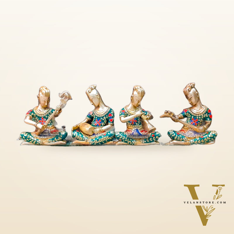 Exquisite Brass Tribal Musicians Set with Stunning Stonework | Height: 6 inch