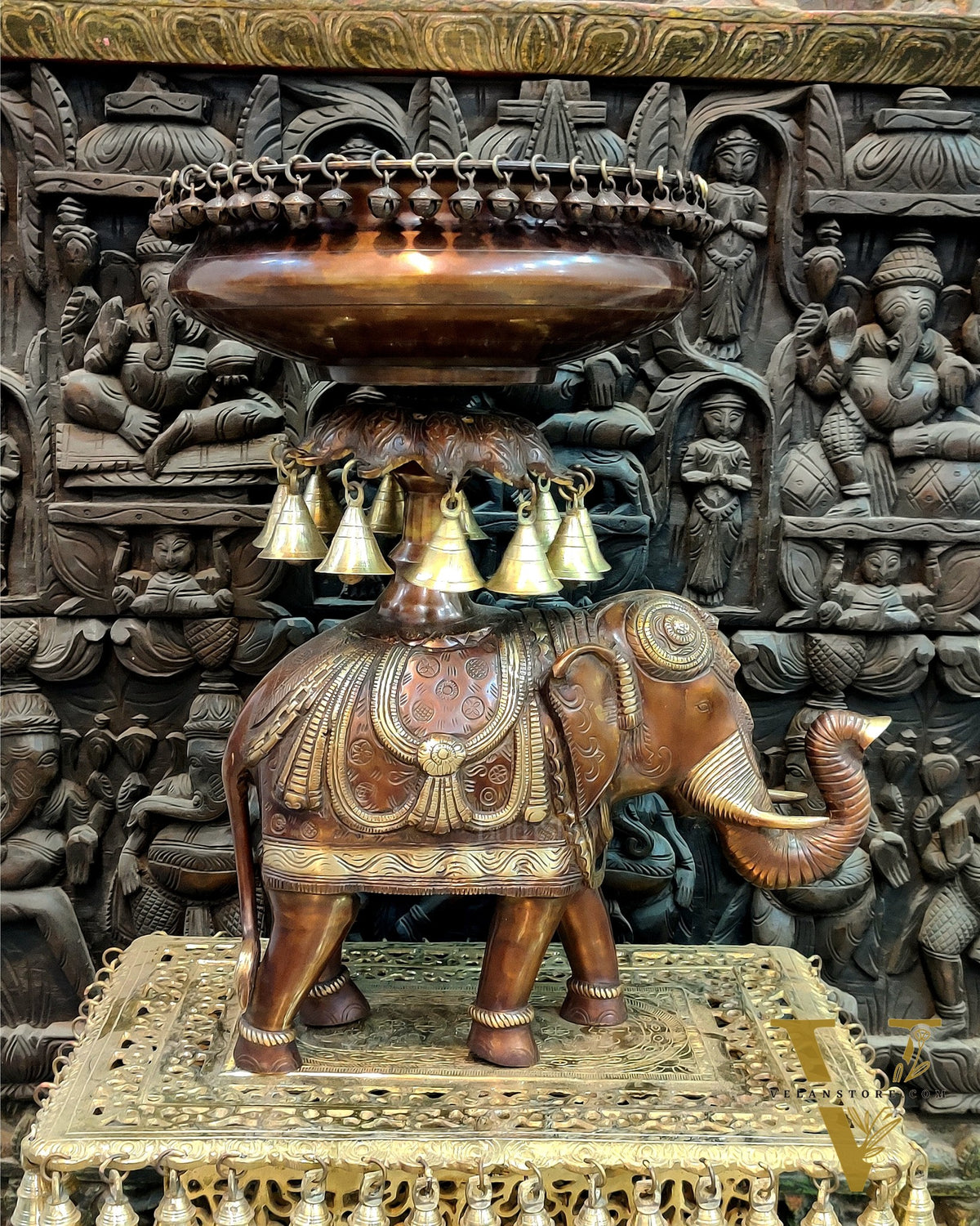 Exquisite Brass Urli with Engraved Elephant statue 21"