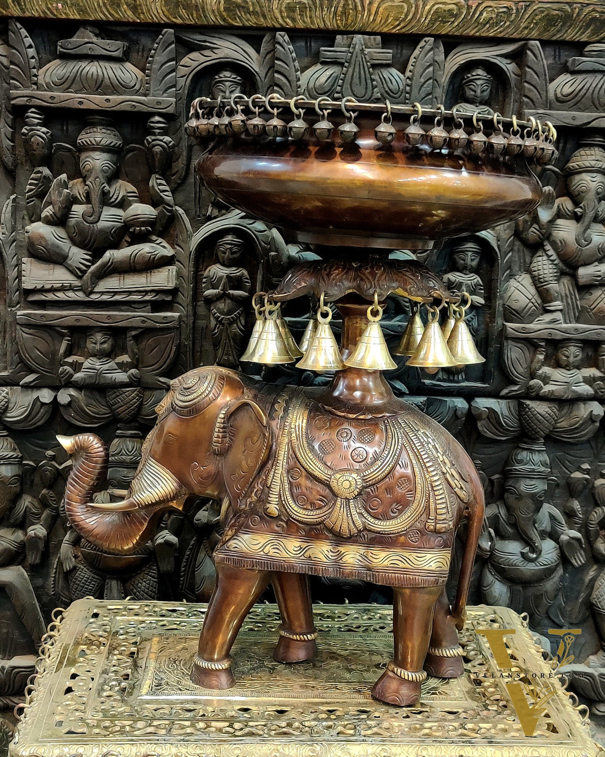 Exquisite Brass Urli with Engraved Elephant statue 21"