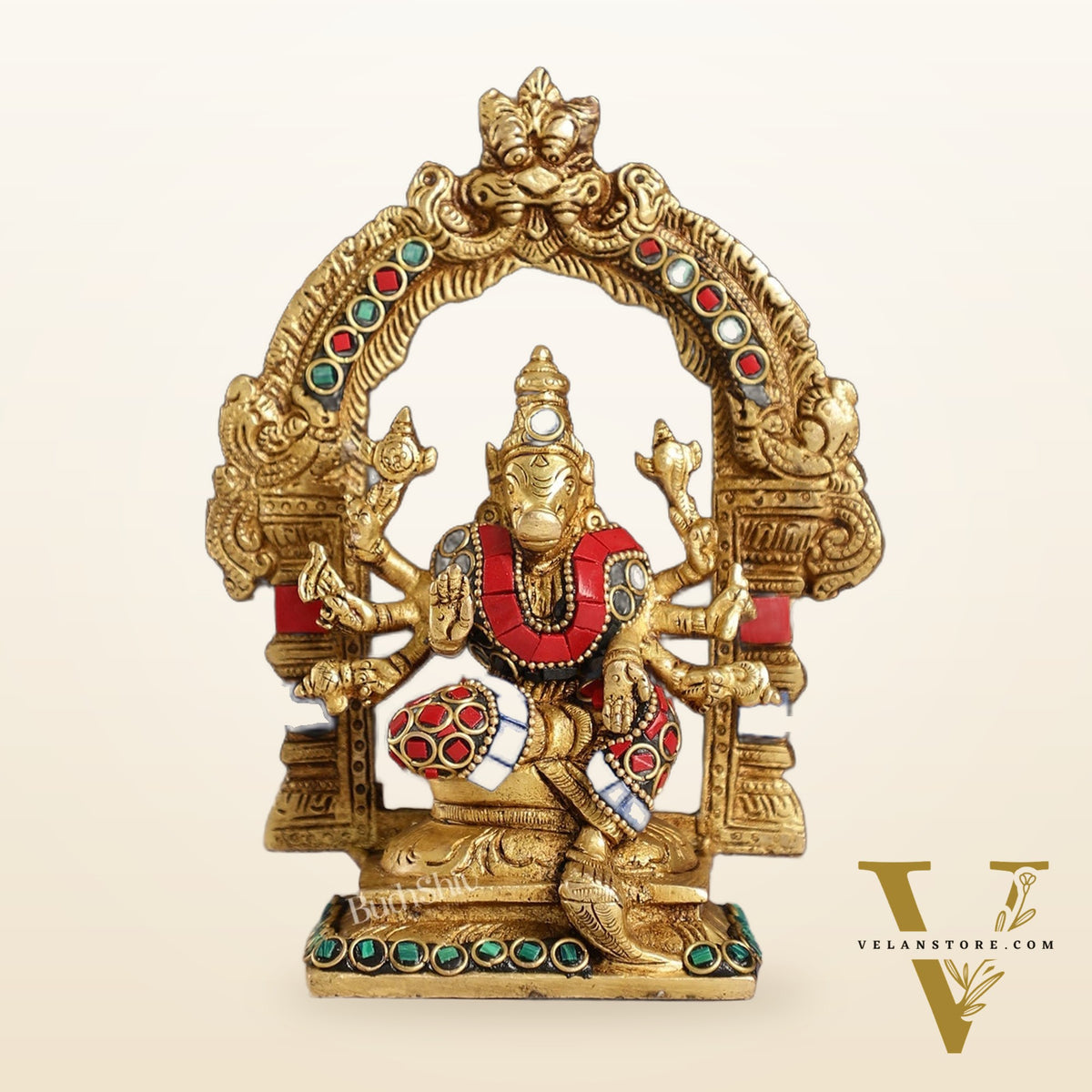 Exquisite Brass Varahi Amman Idol with Frame 6 inch stonework