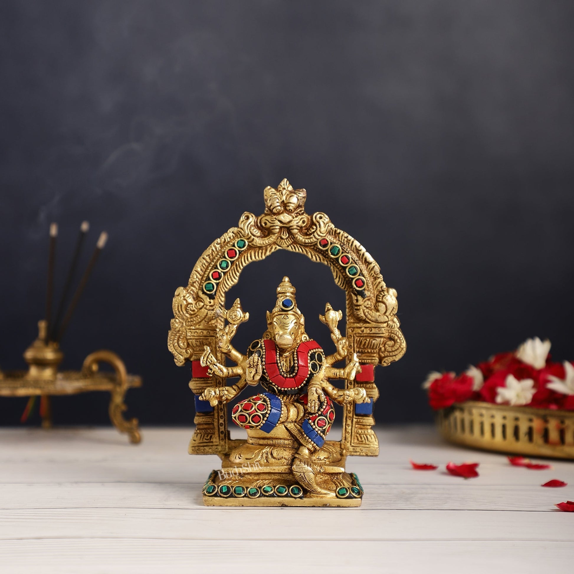 Exquisite Brass Varahi Amman Idol with Frame 6 inch stonework