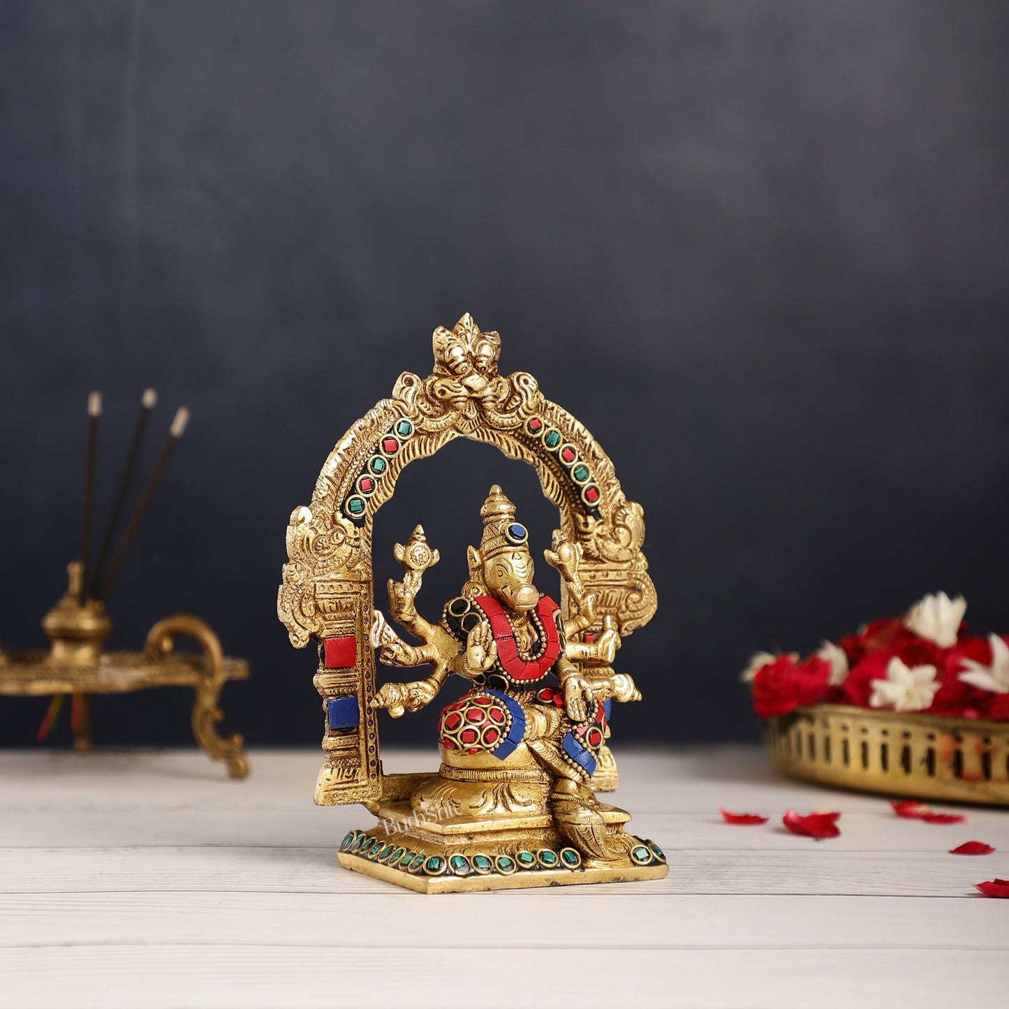 Exquisite Brass Varahi Amman Idol with Frame 6 inch stonework