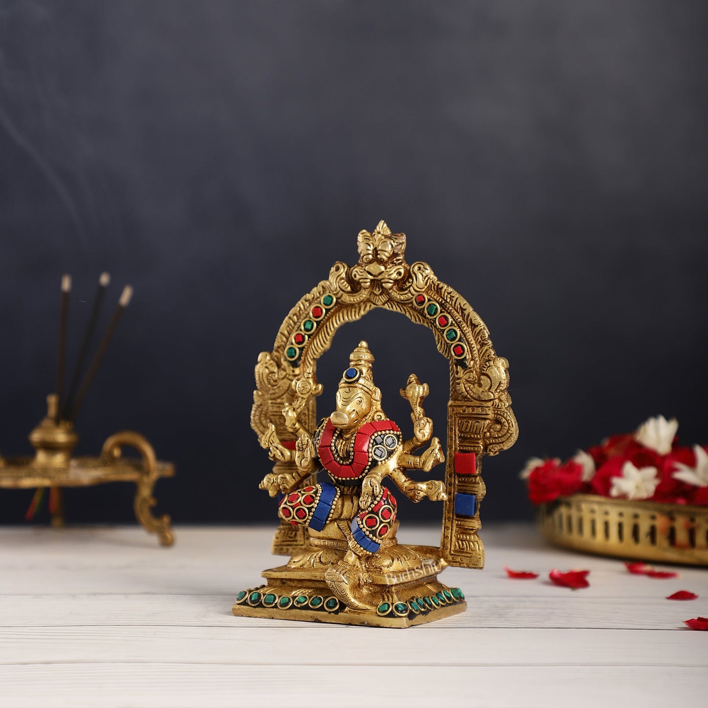 Exquisite Brass Varahi Amman Idol with Frame 6 inch stonework