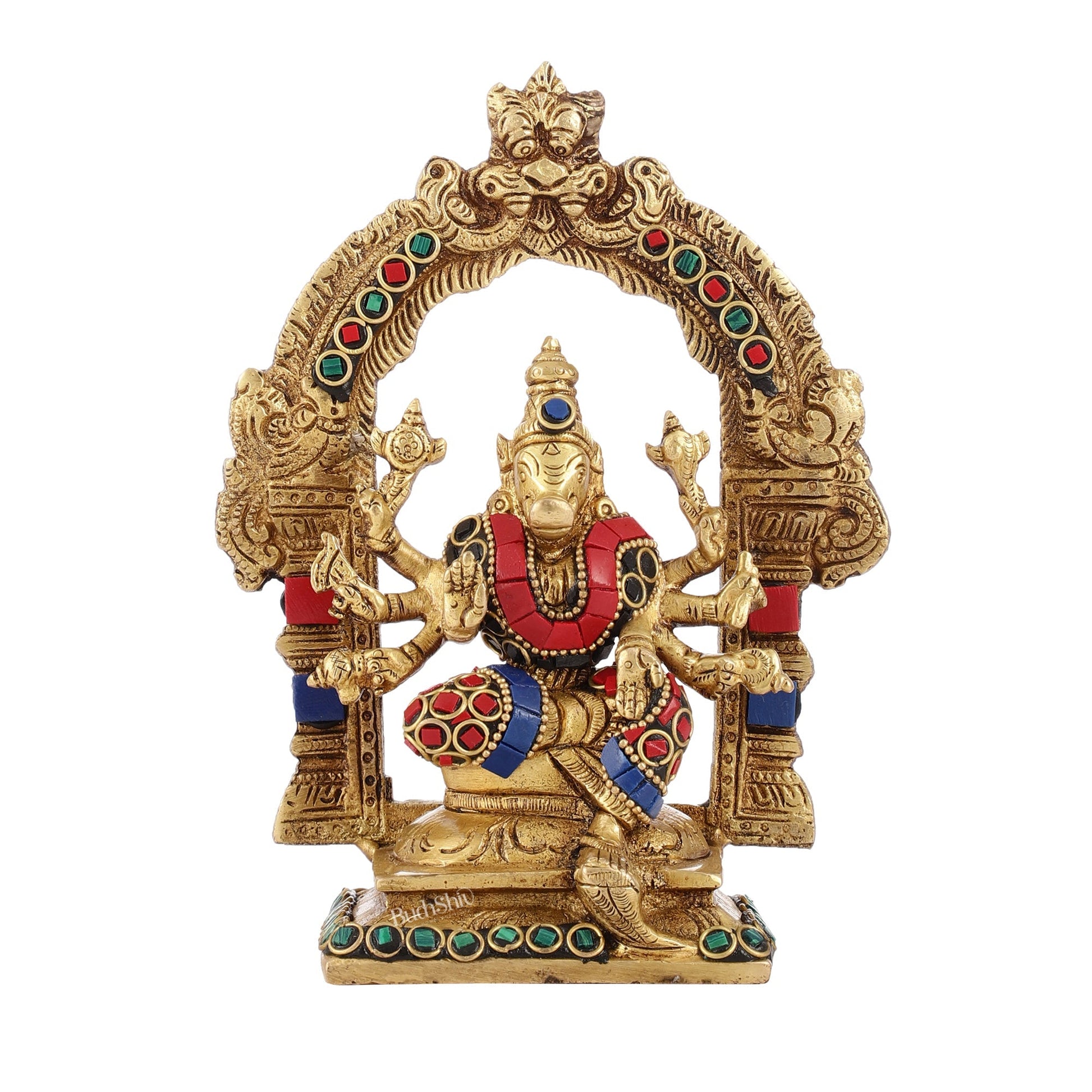 Exquisite Brass Varahi Amman Idol with Frame 6 inch stonework