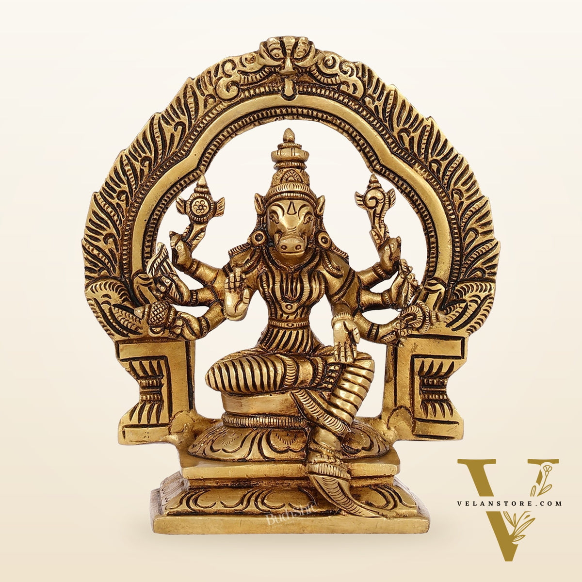Exquisite Brass Varahi Idol with Arch | 5.5" Height | Intricate Craftsmanship