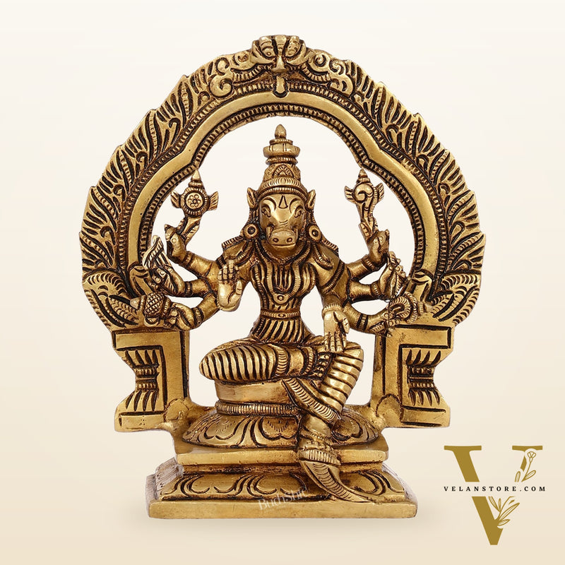 Exquisite Brass Varahi Idol with Arch | 5.5" Height | Intricate Craftsmanship