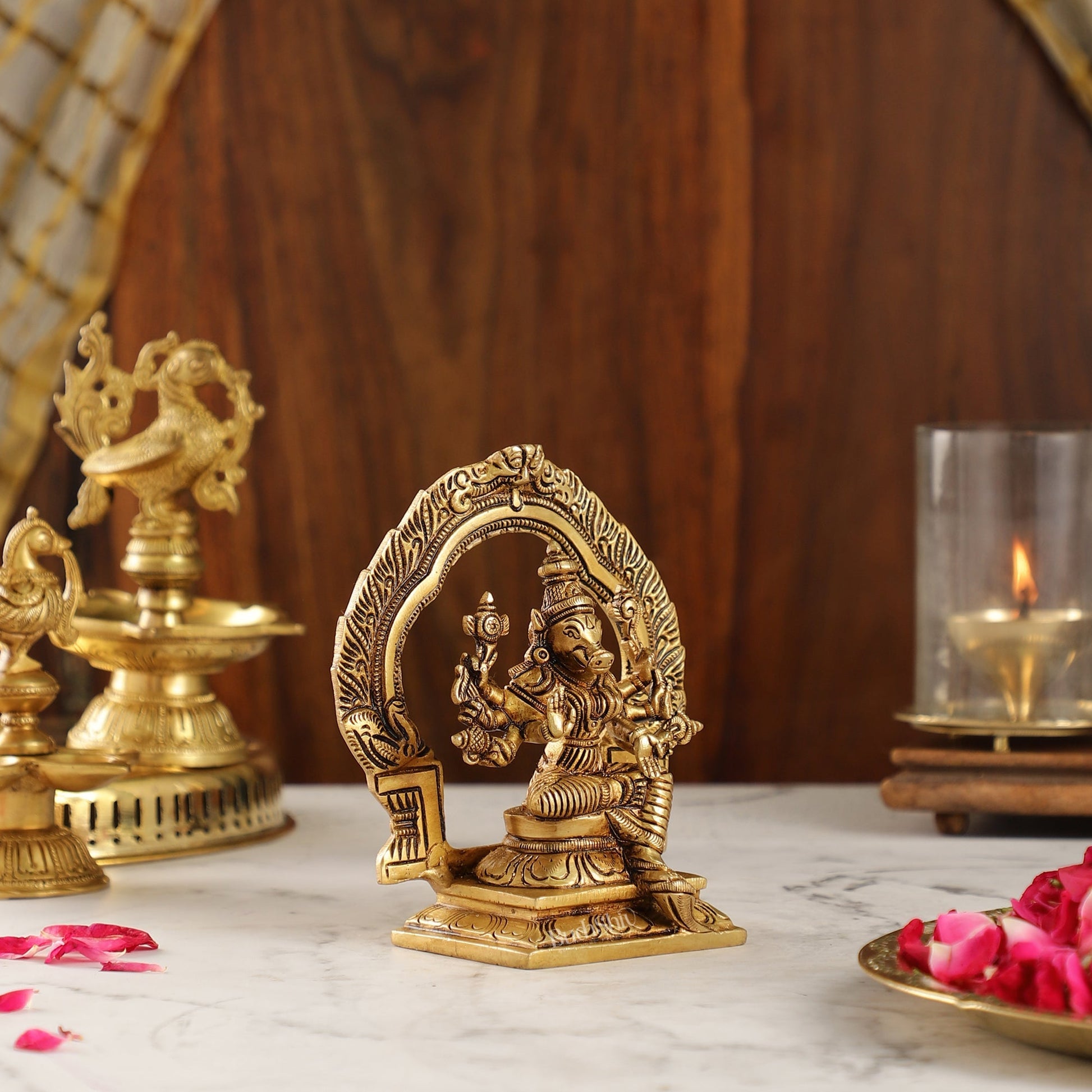 Exquisite Brass Varahi Idol with Arch | 5.5" Height | Intricate Craftsmanship