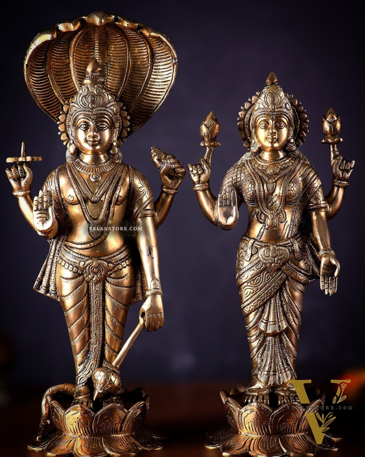 Exquisite Brass Vishnu and Lakshmi idol pair 18"