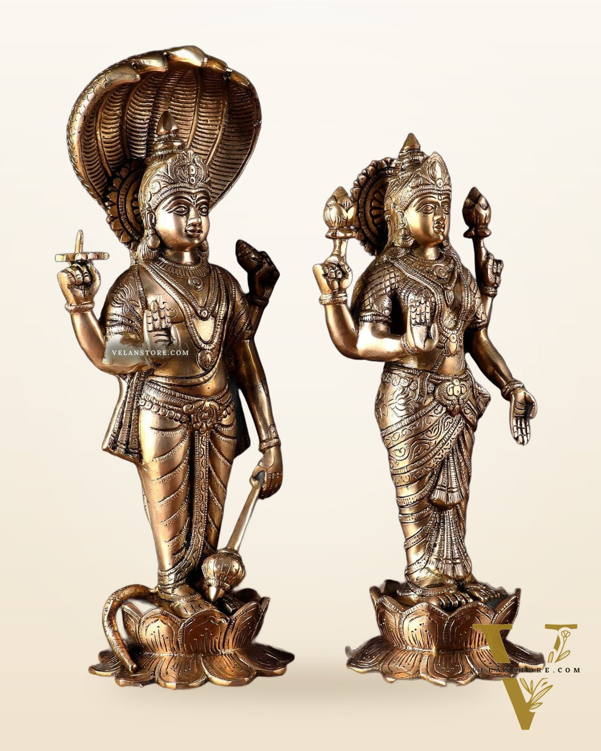 Exquisite Brass Vishnu and Lakshmi idol pair 18"