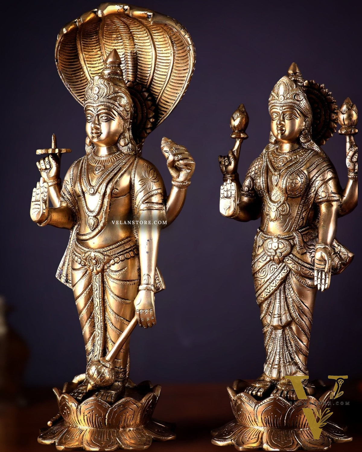 Exquisite Brass Vishnu and Lakshmi idol pair 18"