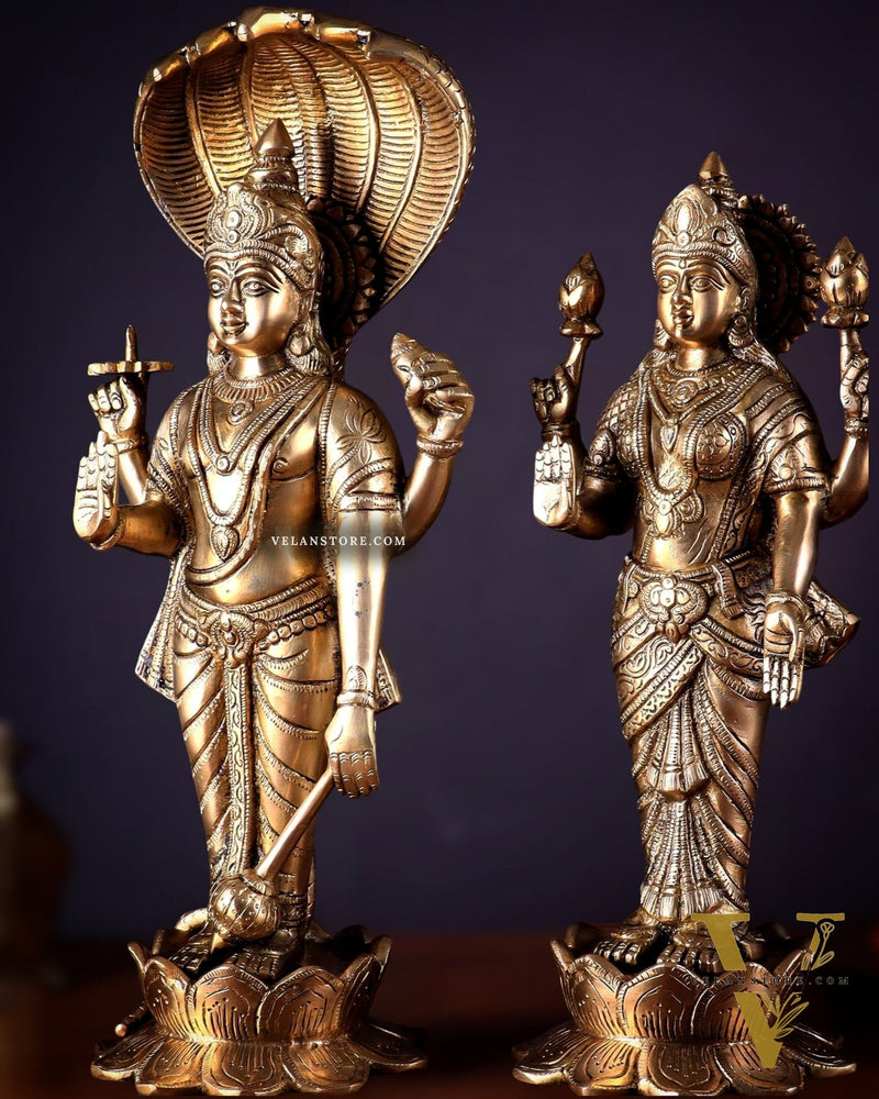 Exquisite Brass Vishnu and Lakshmi idol pair 18"