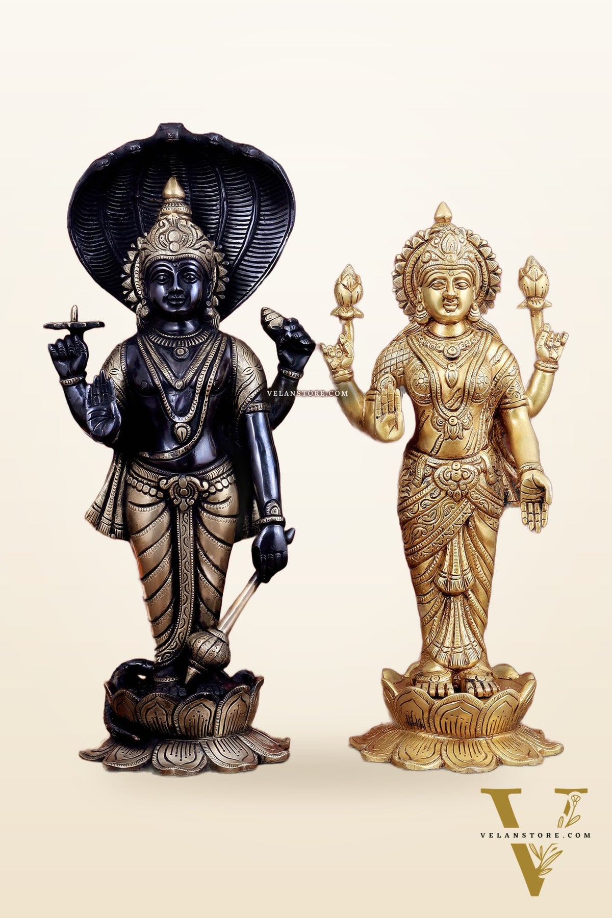Exquisite Brass Vishnu and Lakshmi idol pair black and gold 18"