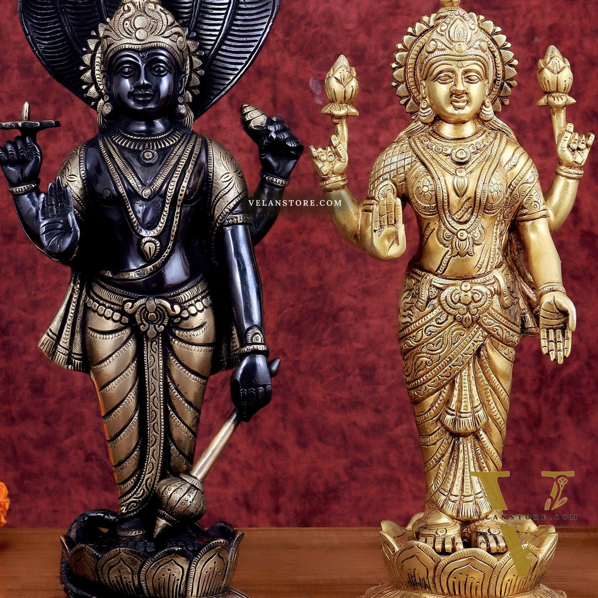 Exquisite Brass Vishnu and Lakshmi idol pair black and gold 18"