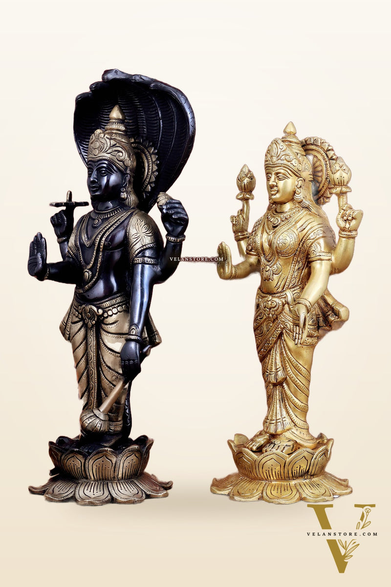 Exquisite Brass Vishnu and Lakshmi idol pair black and gold 18"