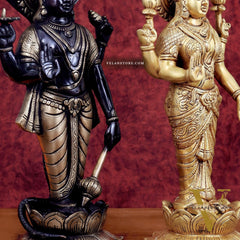 Exquisite Brass Vishnu and Lakshmi idol pair black and gold 18"