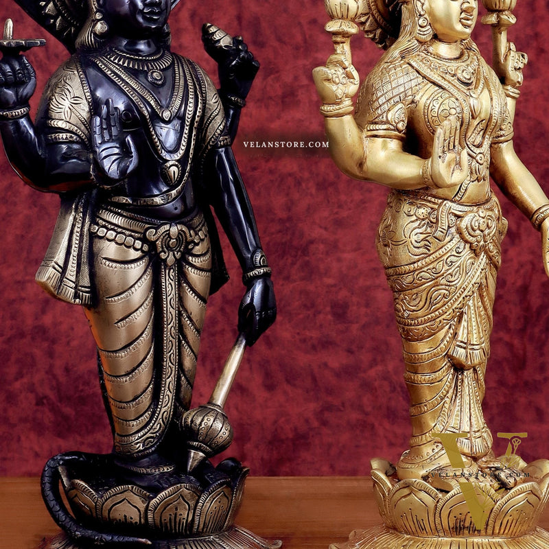 Exquisite Brass Vishnu and Lakshmi idol pair black and gold 18"