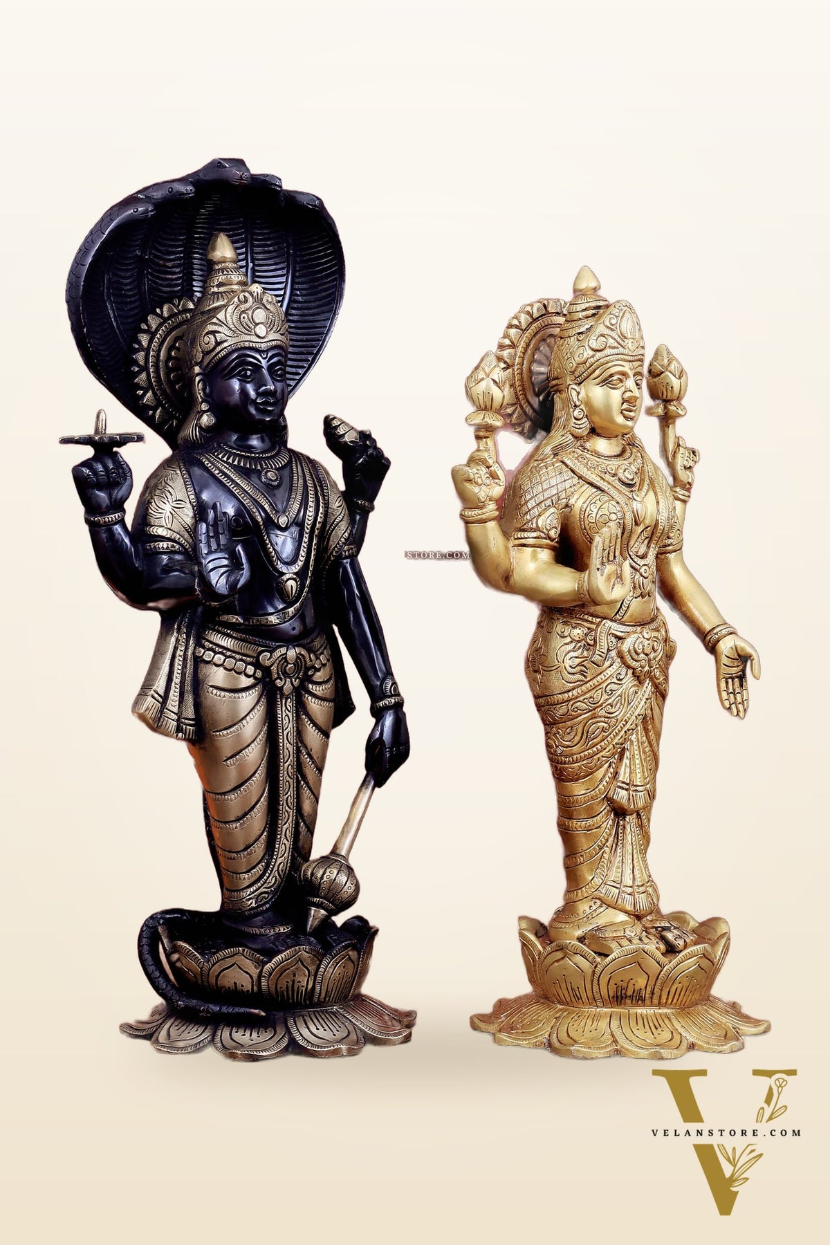 Exquisite Brass Vishnu and Lakshmi idol pair black and gold 18"