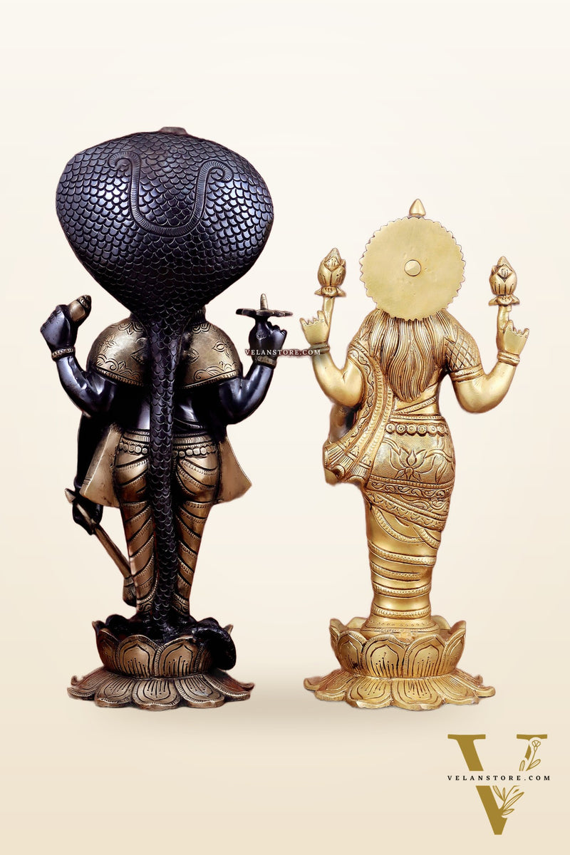Exquisite Brass Vishnu and Lakshmi idol pair black and gold 18"
