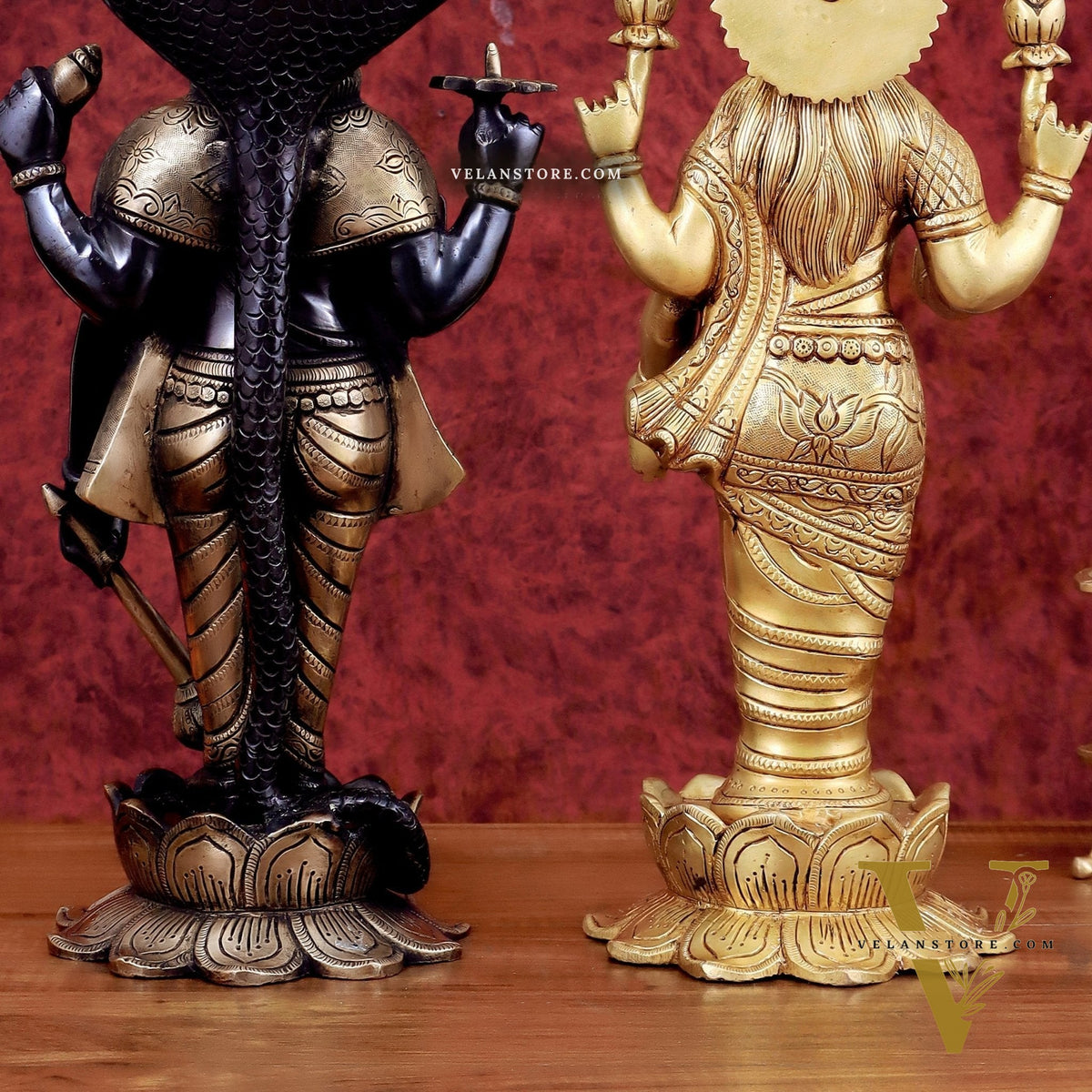 Exquisite Brass Vishnu and Lakshmi idol pair black and gold 18"