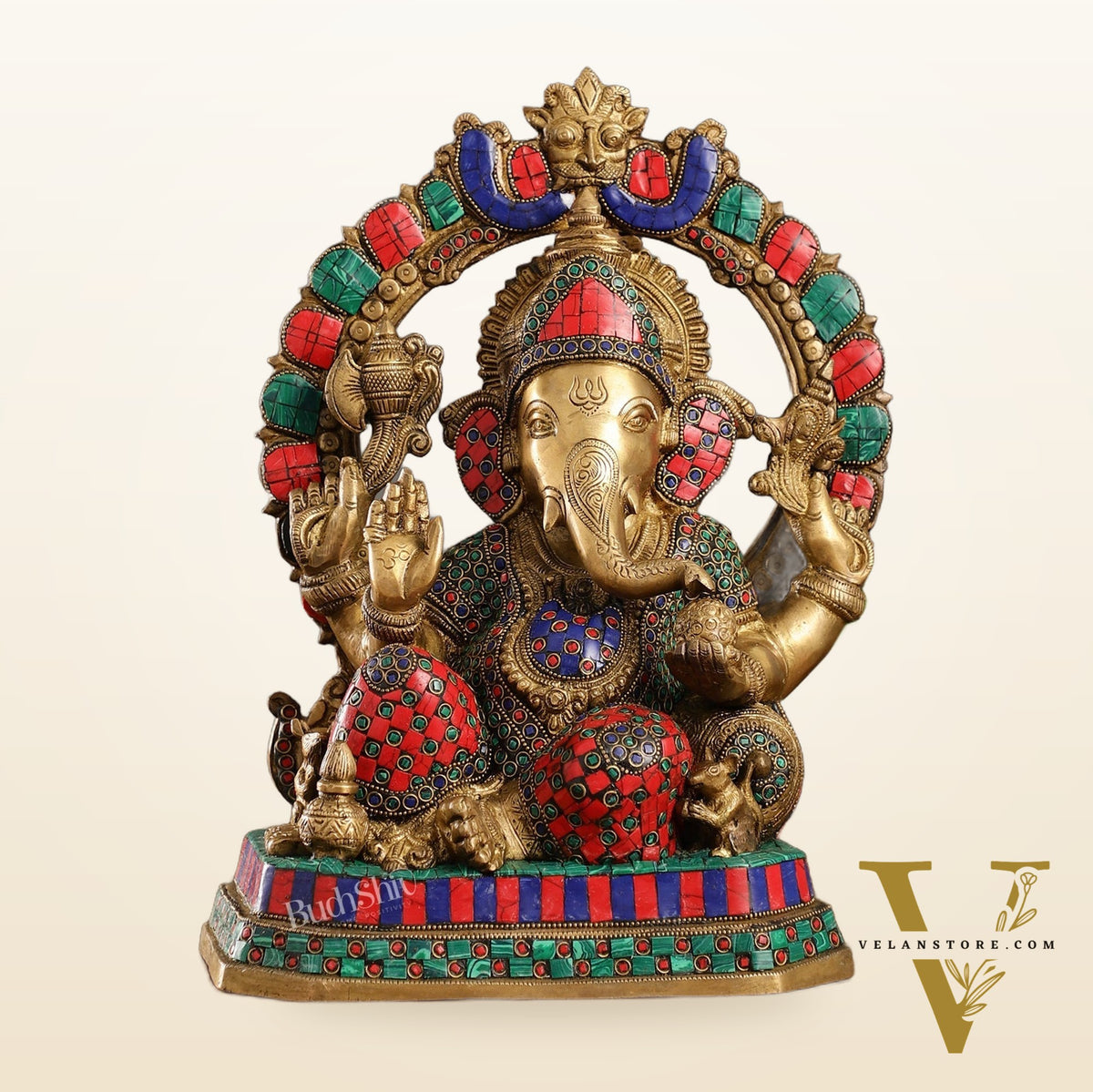 Exquisite Ganesha Brass Statue with Stonework - 14"