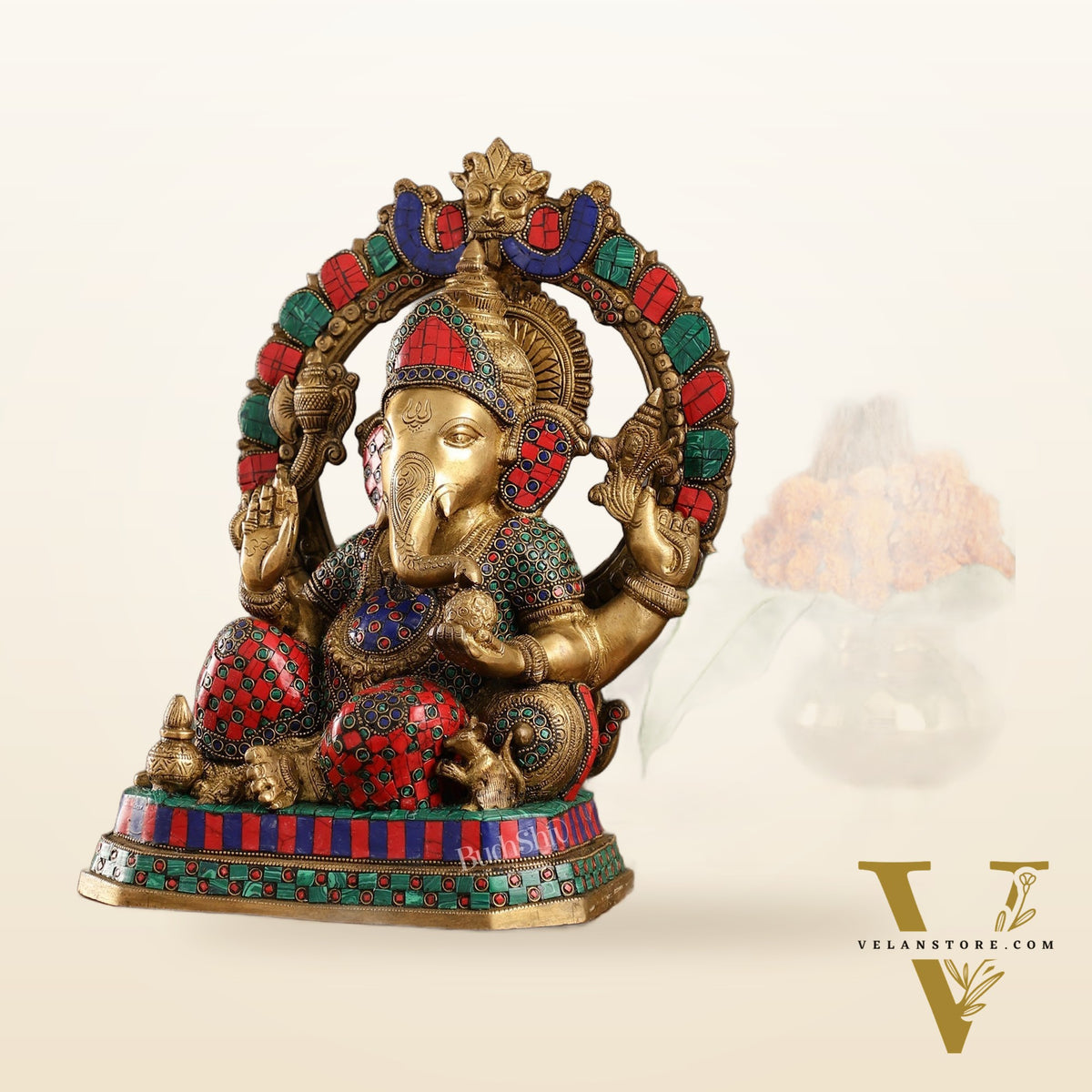 Exquisite Ganesha Brass Statue with Stonework - 14"