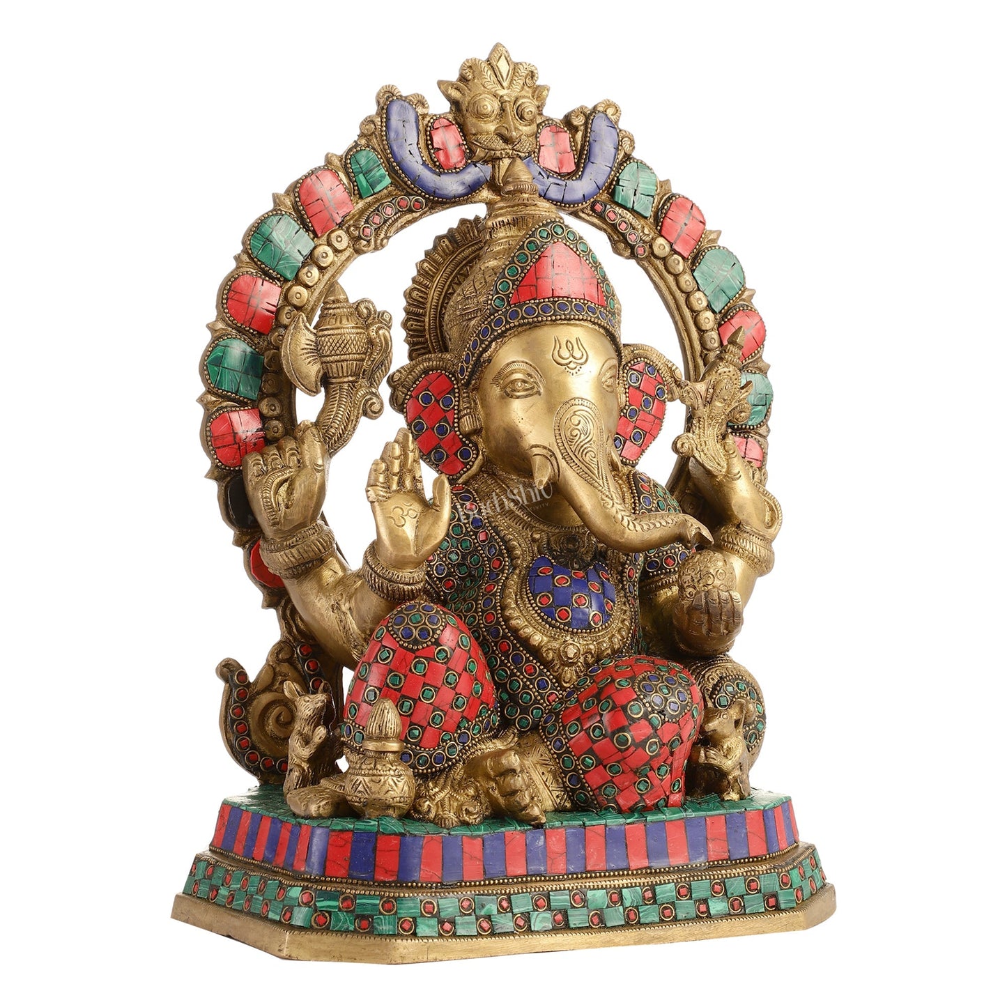 Exquisite Ganesha Brass Statue with Stonework - 14"