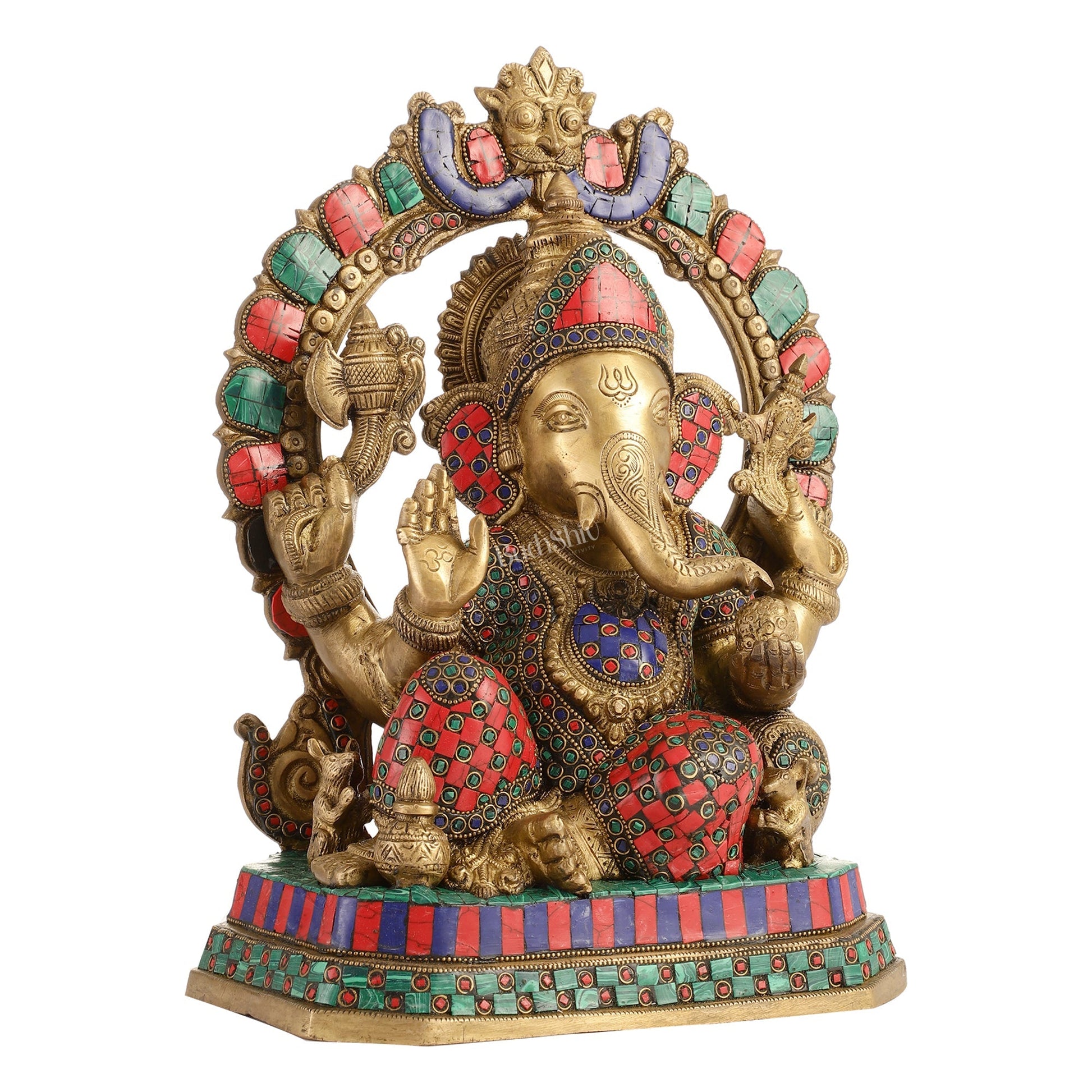 Exquisite Ganesha Brass Statue with Stonework - 14"