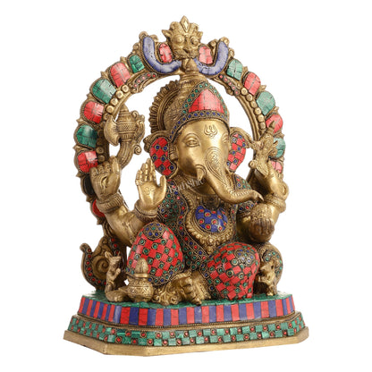 Exquisite Ganesha Brass Statue with Stonework - 14"