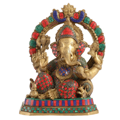 Exquisite Ganesha Brass Statue with Stonework - 14"